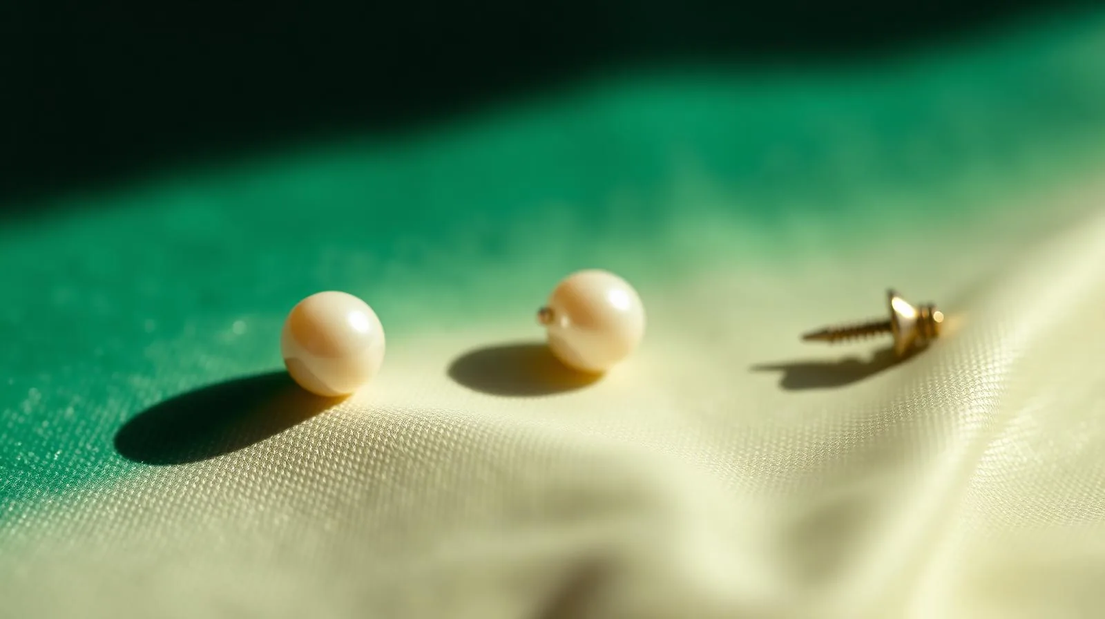 Twee kleine parel-oorknopjes en een losse schroefsluiting op ivoren zijde; sfeerbeeld, geen determinatievoorbeeld.