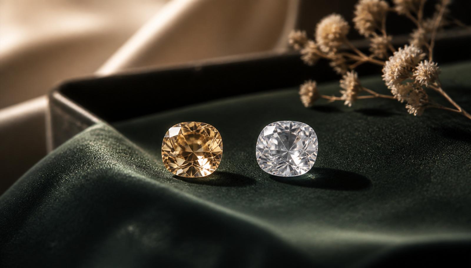 Two natural zircons in warm honey and cognac tones next to one colourless cut stone on bottle-green velvet — mood image, not a determination example.